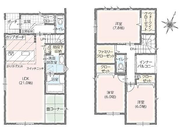 2号棟◇3LDK◇土地面積/152.24平方メートル(46.05坪)建物面積/106.82平方メートル(32.31坪)