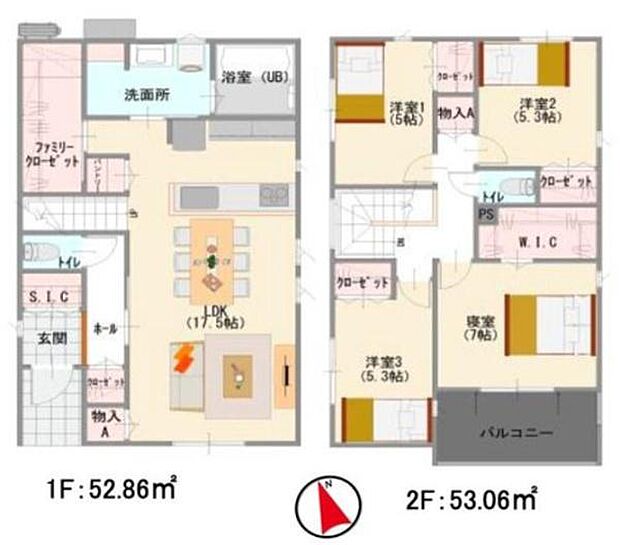 2号棟◇4LDK◇土地面積/177.83平方メートル(53.79坪)建物面積/105.92平方メートル(32.04坪)