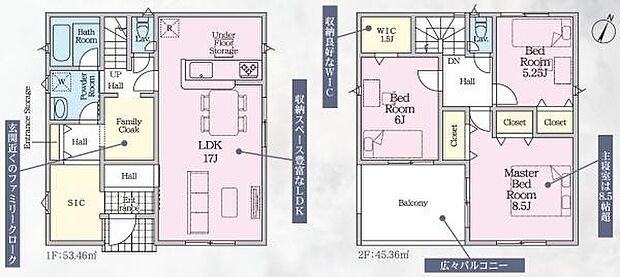 1号棟◇3LDK+SIC+ファミリークローク◇土地面積/236.82平方メートル(71.63坪)建物面積/98.82平方メートル(29.89坪)