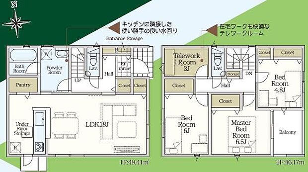 1号棟◇3LDK+テレワークルーム◇土地面積/138.00平方メートル(41.74坪)建物面積/95.58平方メートル(28.91坪)