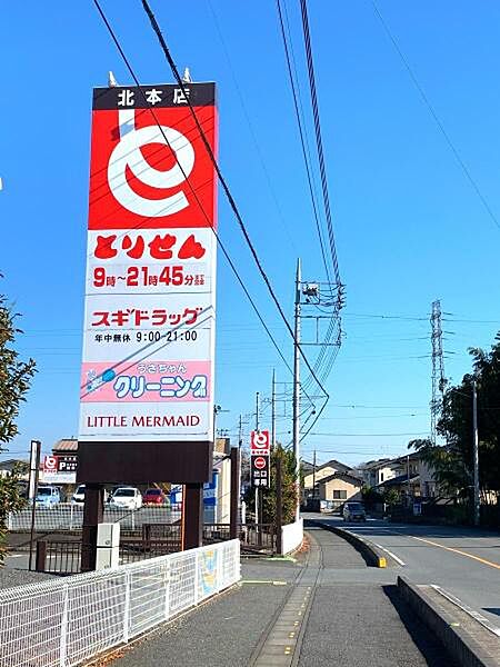 スギドラッグとりせん北本店まで728m、お薬の受け取りや日用品の買い物に便利。ご家族の健康を支える安心の環境が整っています。