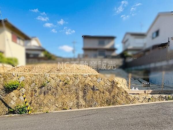 敷地は道路に面しておりアクセスしやすい立地です。現地の様子がしっかり確認できる写真です。周辺には住宅が建ち並んでいるのがわかります。前面道路も整備されています。