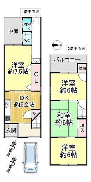 1階と2階にそれぞれ洋室が配置されており使い分けが可能です。収納スペースも複数確保されています。中庭があり住空間にゆとりを感じられます。2階にはバルコニーがあり通風や採光が期待できます。
