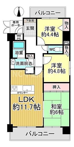 LDKは約11.7帖と広さがあり使いやすい間取りとなっています。和室は約6帖でくつろぎ空間にもなります。各洋室にも収納スペースが確保されています。