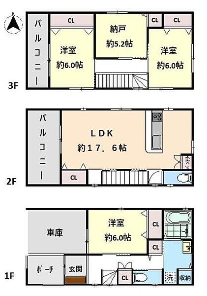 各階に収納スペースが充実しており整理整頓しやすい間取りです。キッチンが2階に配置されているためプライバシーを確保できます。LDKは約17.6帖と広く開放感があります。