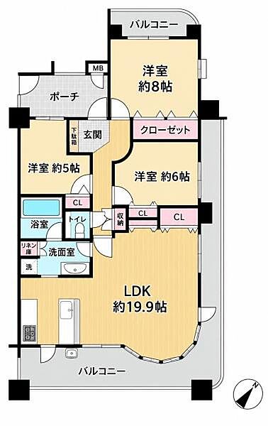 3つの洋室と広々としたLDKが特徴の間取りです。バルコニーが2面あり開放感のある設計となっています。リビングを中心に各部屋への動線が確保されています。収納スペースもしっかりと配置されています。