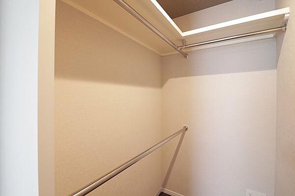 シンプルで使い勝手の良い収納スペースです。パイプハンガーが二段設置されているため多くの衣類をスッキリと整理できます。奥行きがありさまざまなアイテムの収納に役立ちます。