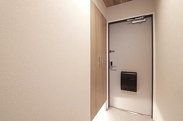 玄関横にすっきりとした収納スペースが設けられています。木目調の扉が空間に調和し清潔感が感じられます。収納扉がフラットで玄関周りをすっきり保てます。