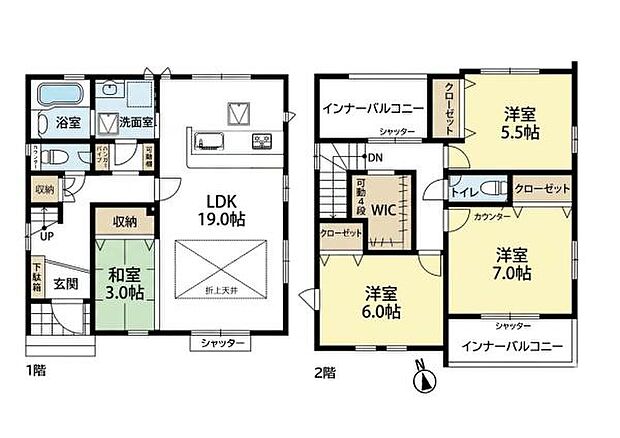 19帖のLDKは、折上天井とポップアップ天井が空間を彩る開放的な設計。対面キッチンで家族との会話も弾みます。洗面室へつながる1階収納には可動棚とハンガーパイプを備え、タオルや衣類を効率よく整理。