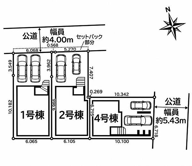 2027年2月完成予定1号棟 前面約4.0m 接道約6.0m2号棟 前面約4.0m 接道約5.2m4号棟 前面約5.4m 接道約6.7m