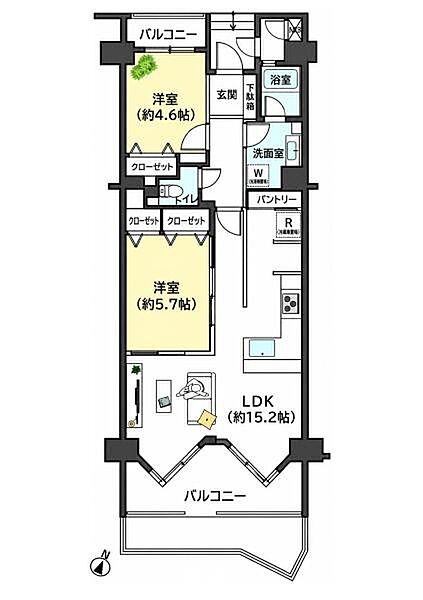 約15.2帖のＬＤＫと2洋室を備えた、専有面積68.18平米の2ＬＤＫ。作業スペースを確保しやすいＬ字型キッチンに、食品や日用品を整理できるパントリーを備えています。