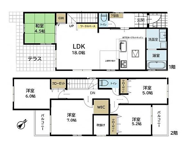 開放感のあるLDKが魅力2階は4部屋を確保しつつ、主寝室にWICや専用バルコニーを配置。