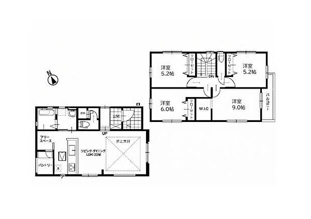 開放感溢れる22帖のLDKには、折上天井やフリースペース、パントリーを完備。9帖の主寝室を含む全4居室があり、収納も充実しています。