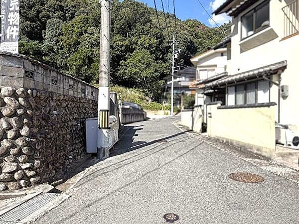 前面道路は舗装されており歩きやすい環境です。周囲には自然が多く落ち着いた印象が感じられます。周辺の建物や石垣が整然としており景観が保たれています。電柱や配線は整理され視界が広がる場所です。