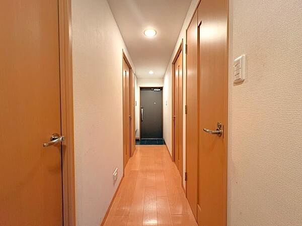 玄関から廊下まで一直線に続くレイアウトが印象的です。天井のダウンライトが明るさを確保し扉やフローリングのナチュラルな色合いが落ち着いた雰囲気を演出しています。