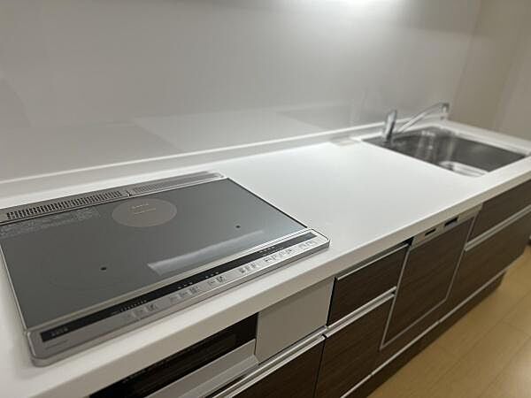 オール電化で、IHクッキングヒーター。火がないので、作業スペースもしっかり確保され、家事がはかどる使い勝手の良い空間です。