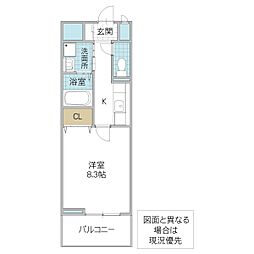 ザ・レジデンス水戸桜川 9階1Kの間取り