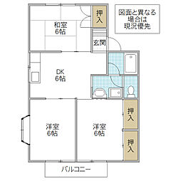 オルベージュ B棟 2階3DKの間取り