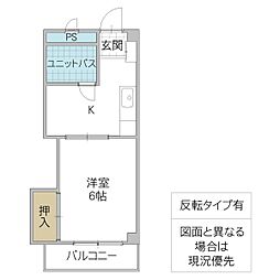 シエル西大島 2階1Kの間取り