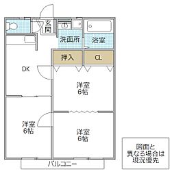 北長町ハイツ 2階3DKの間取り