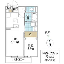 ブリックガーデン 308号室 3階1LDKの間取り