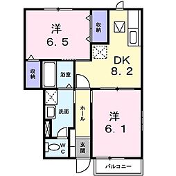 プリムヴェール 1階2DKの間取り