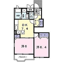 ポートアルモニー A 1階2DKの間取り