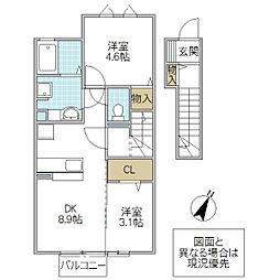 グリーンコートけやき E棟 2階2DKの間取り