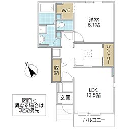 グラスコート E 1階1LDKの間取り
