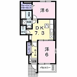 ウィステリア ブルーム B 1階2DKの間取り