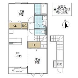 カーサR・T B 2階2DKの間取り