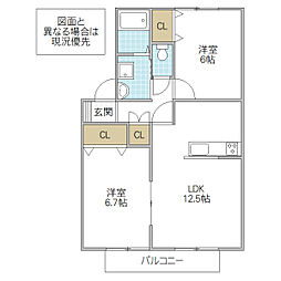 グランノア三の丸A 2LDKの間取図画像