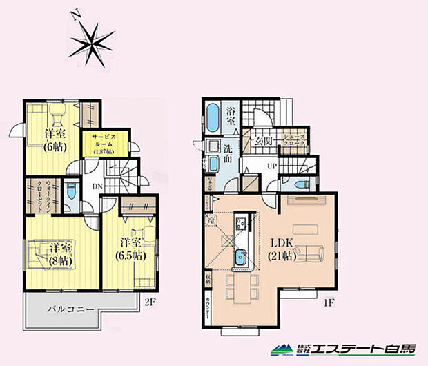 建物延べ床105.58平米のラージ3LDK。LDK21帖。洋室8帖。WIC、SIC。