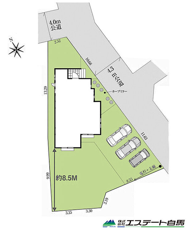 区画図 大型車3台駐車可の南側駐車場。プラス南側庭あり。