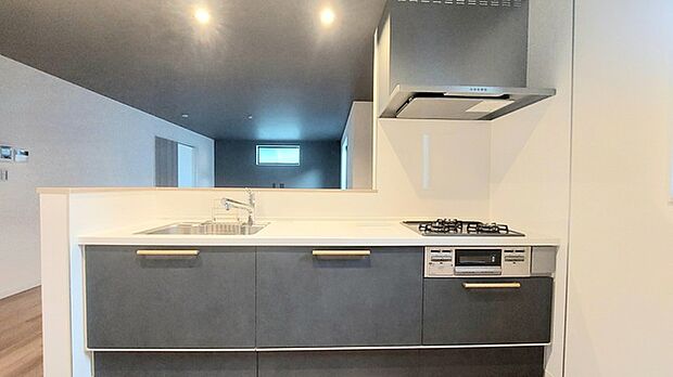 リビングにいる家族の顔が見渡せるカウンターキッチン。お料理もより一層おいしく、楽しく。食器棚を背面に設置しても十分な広さを確保しています。