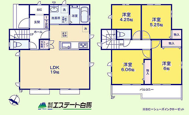 約19帖のリビングには、南側の大きな窓があります。シューズインクローゼットがあり、靴だけではなくベビーカーやゴルフバックなど室内に持ち込みたくない荷物も収納できます。