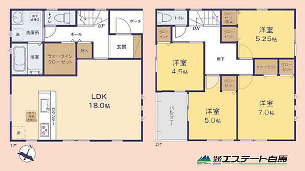 家具を置いてもゆとりのあるリビングは18帖の広々空間。 各居室に収納とウォークインも完備。