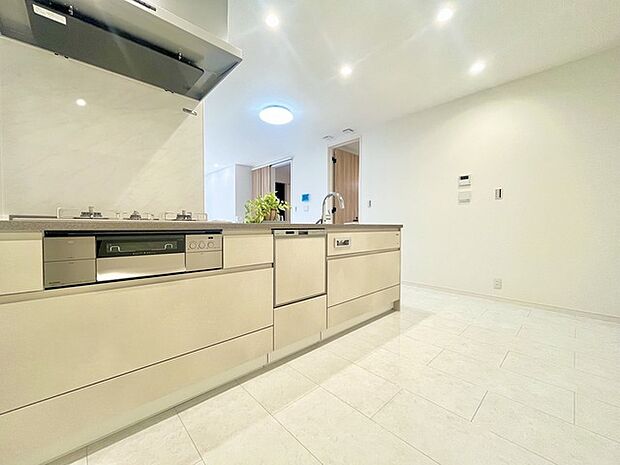 人工大理石を使用したシステムキッチン。永く傷つきにくく、お手入れもしやすい高機能性です。