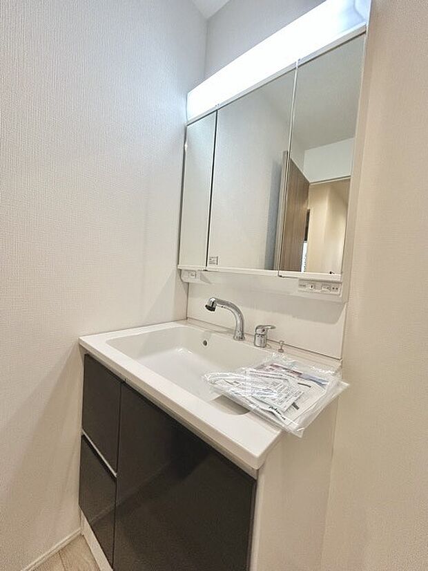 お出かけ前の身だしなみに一歩差がつく三面鏡。ミラー裏にはたっぷり収納もございます。 