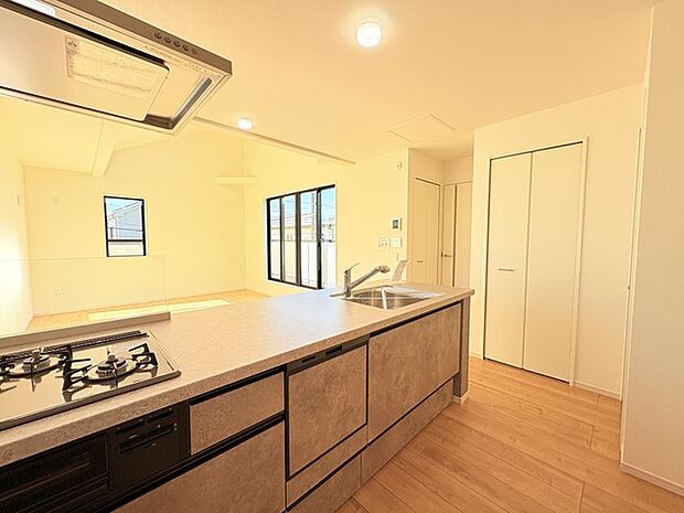 人工大理石を使用したシステムキッチン。永く傷つきにくく、お手入れもしやすい高機能性です。