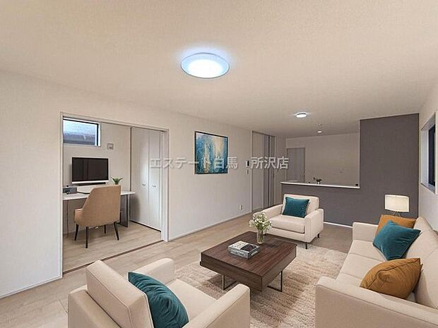 家族団欒のリビング。陽光差し込む食卓には家族の会話とスマイルが溢れます。 ※家具はCG合成によるものです。