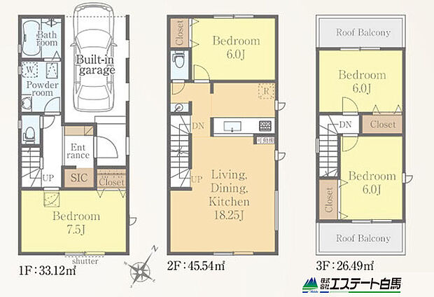 各居室6帖以上ある4LDKの3階建てです。家族が過ごすリビングは18帖以上の大空間。現地でご覧になってみて下さい。