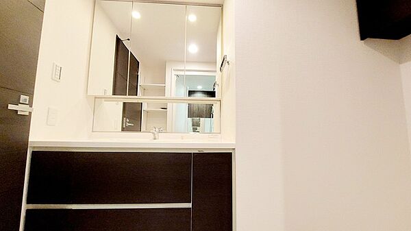 お出かけ前の身だしなみに一歩差がつく三面鏡。ミラー裏にはたっぷり収納もございます。