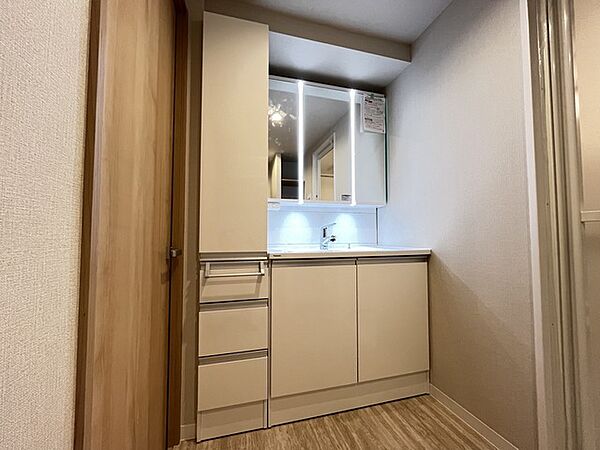 お出かけ前の身だしなみに一歩差がつく三面鏡。ミラー裏にはたっぷり収納もございます。