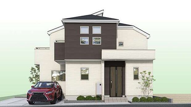 外観デザインはブラウンとホワイトのツートンカラー。 お車は並列2台の駐車が可能です。