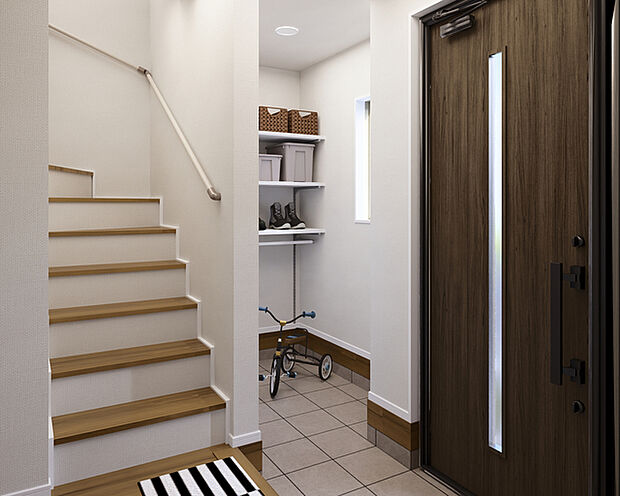 玄関横にはシューズインクロークあり！ 靴はもちろん、アウトドア用品やベビーカーの収納など、多用途で活躍します！
