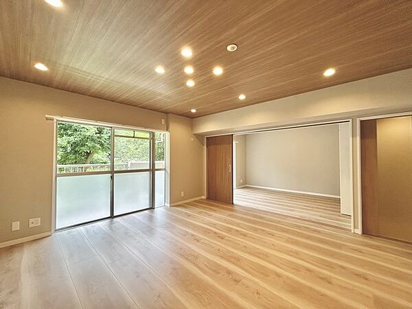 大きな開口部から明るい光が差し込むリビング。日中の室内の明るさがこの部屋の魅力です。