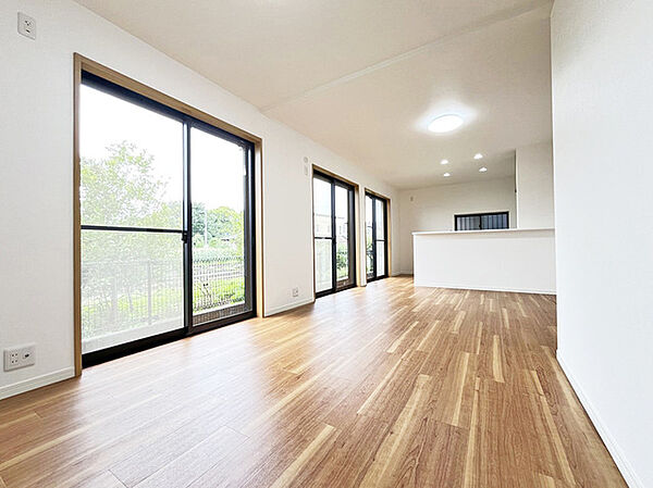 大きな開口部から明るい光が差し込むリビング。日中の室内の明るさがこの部屋の魅力です。