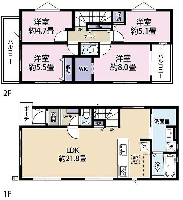 約21帖の広々したリビングは家具を置いてもゆとりのある広さ。 主寝室にはウォークインも付いて、ご家族でゆったりとお過ごし頂けます。