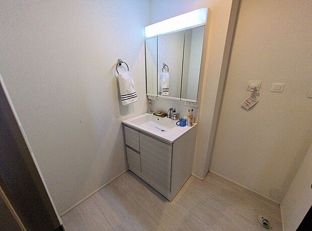 ワイドなボウルにハンドシャワー水栓が付いた洗面化粧台。 